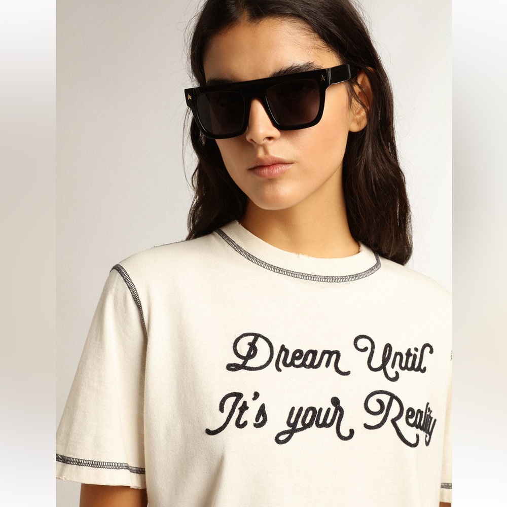 Golden Goose Cream Short Sleeve Tee with Black Script
